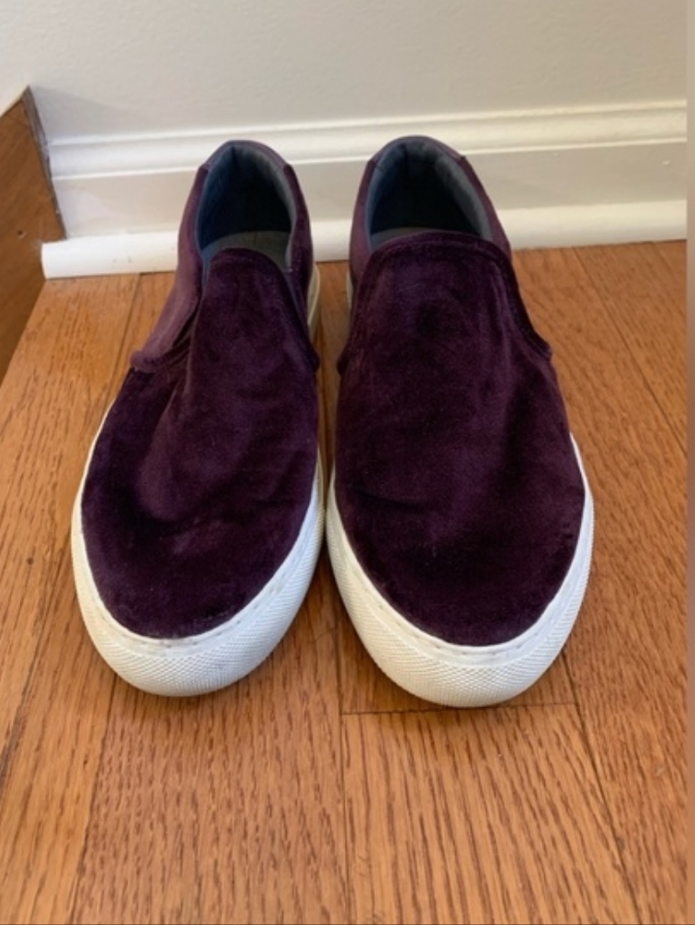 Skechers Slip-On Velvet Sneakers in Deep Plum with White Soles